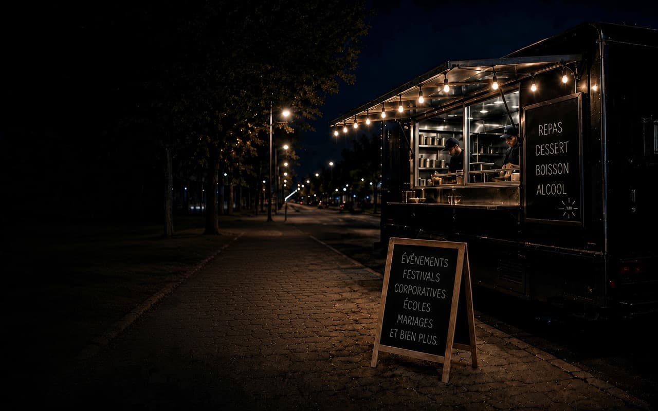 Camion de rue illuminé de guirlandes lumineuses, la nuit