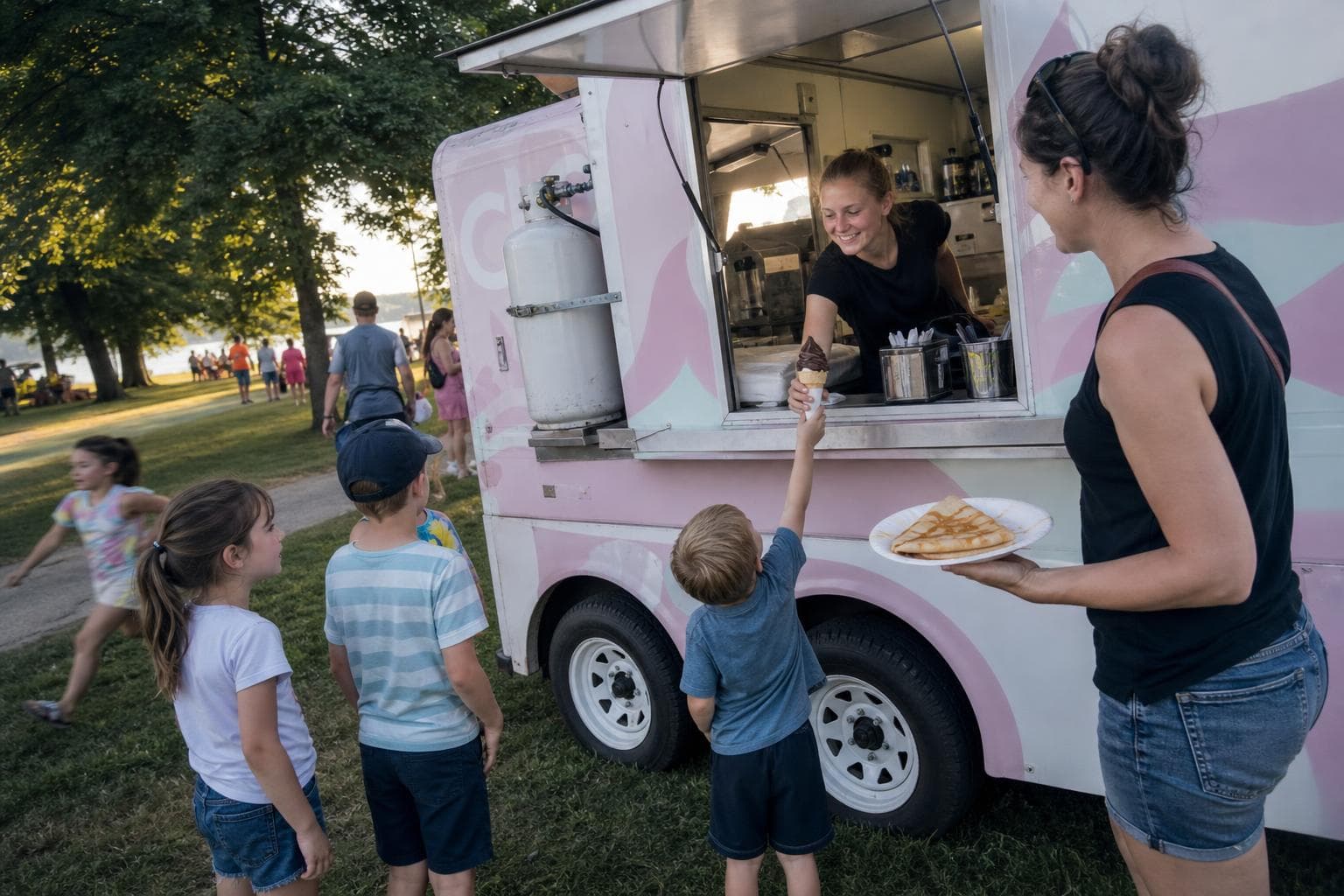 Une employée tend un cornet de crème glacée à un enfant, près d'une crêpe à l'érable