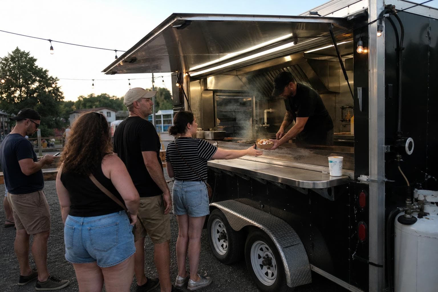 Un cuisinier tend une poutine par le comptoir d'un food truck, devant une file de clients